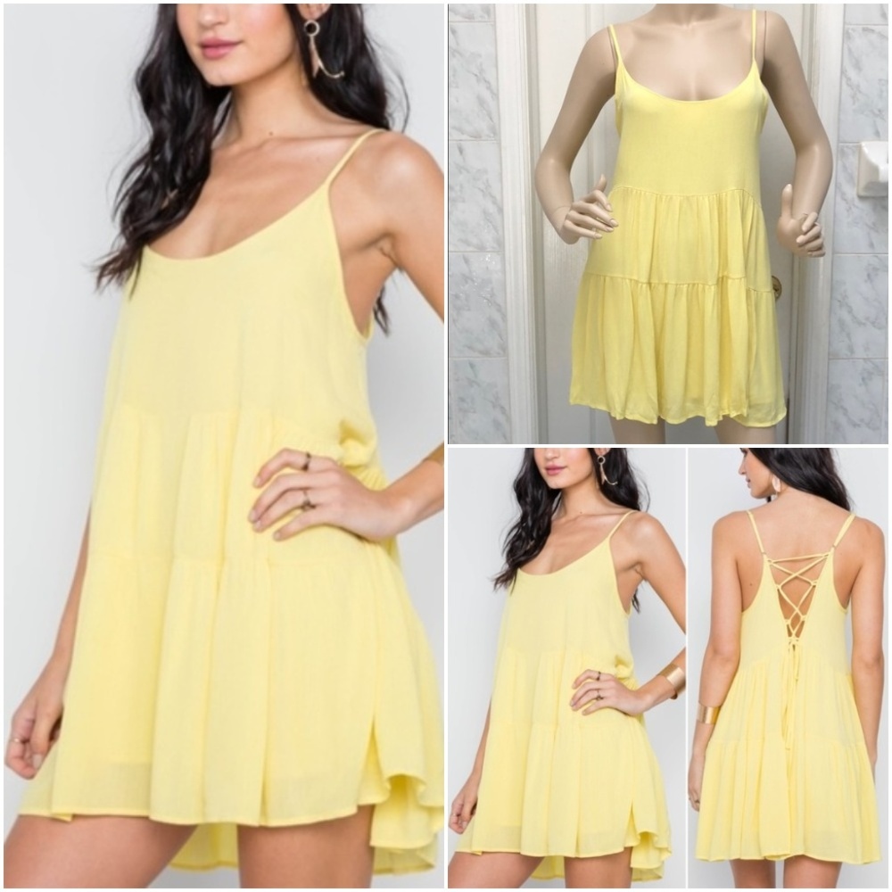 XS, S & M YELLOW CAMI LACE UP SWING MINI DRESS - Picture 1 of 9